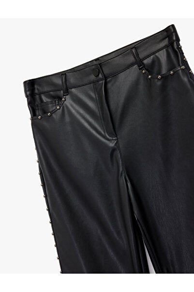 Koton Regular Waist Buttoned Pockets Metal Accessories Straight Leg Faux Leather Pants