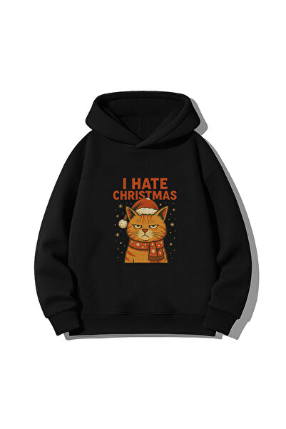 MODA Crăciun Fericit pisică cu imprimeu Hanorac negru pentru copii adulți cu ...