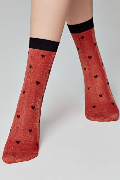 Conte Elegant Polyamide socks, with 3D "Hearts" pattern and lurex, Conte Fantasy 23C-109CP - Red, 36-39 (23-25)