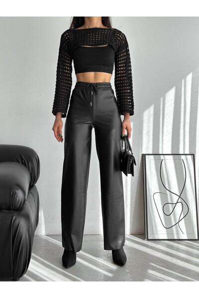 VAJESTO Pantaloni negri pentru femei, cu detaliu de dantelă, cu picior drept, cu căptușeală din fleece Y talie înaltă L material elastic Pantaloni largi din piele, jambiere