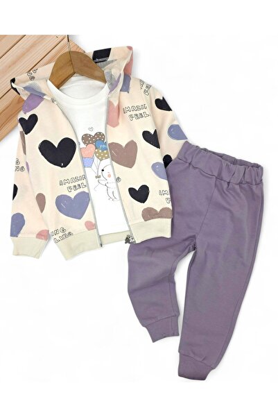 VOY KİDS Heart Patterned Hooded Cardigan Baby Girl Tracksuit Set 3-Piece Set 6-9-12-18-24 Months L 100% Cotton