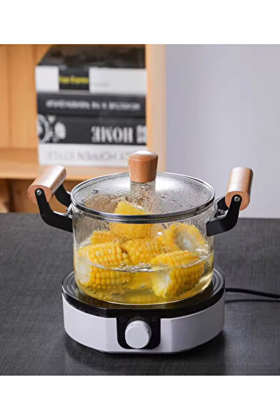 cc bin shihon Heat-resistant glass saucepan, transparent, with wooden handle, 18*14 cm