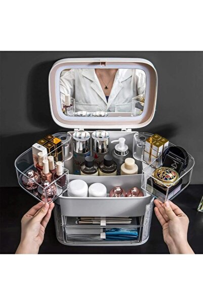 Genaric صندوق منظم أدوات المكياج مزود بمرآة LED ورف مرآة بسعة كبيرة