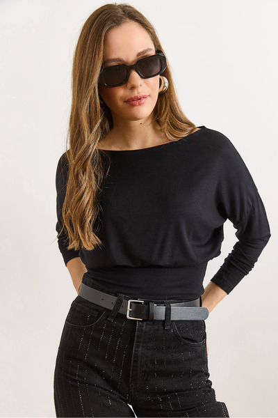 Olalook Women's Black Waistband Batwing Soft Textured Blouse Blz-19003171