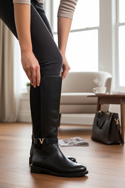 VeliKundura Black Long Zippered Buckle Strapped Thin Sole Women's Boots