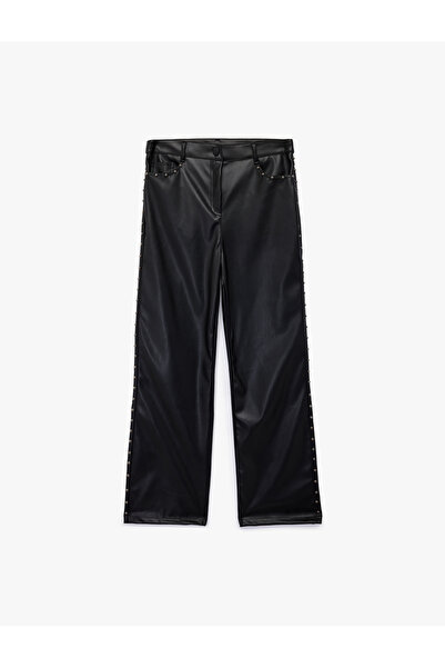 Koton Regular Waist Buttoned Pockets Metal Accessories Straight Leg Faux Leather Pants