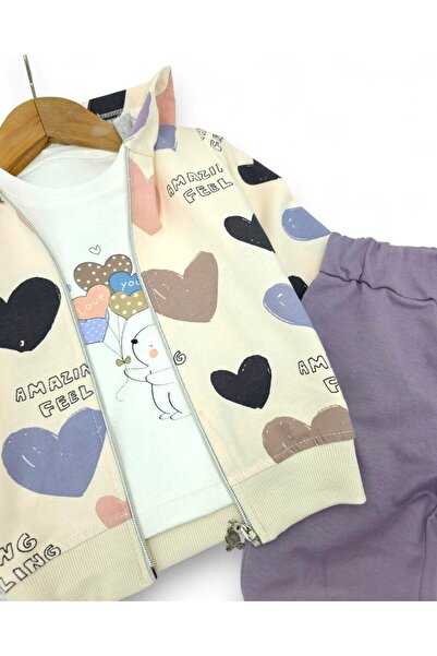 VOY KİDS Heart Patterned Hooded Cardigan Baby Girl Tracksuit Set 3-Piece Set 6-9-12-18-24 Months L 100% Cotton