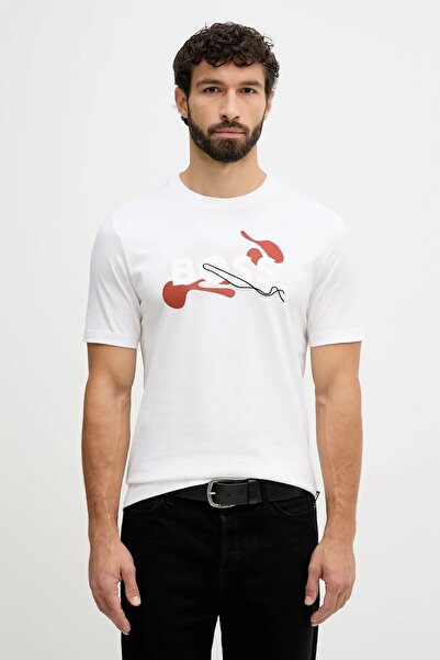 BOSS Erkek Rahat Kalıp Yuvarlak Yakalı Pamuklu Baskılı Kısa Kollu Beyaz T-Shi...