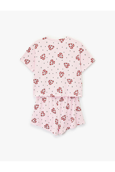 Koton Short Sleeve U-Neck Printed New Year Pajama Set with Shorts