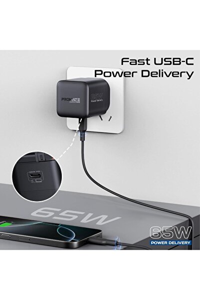 Promate 65W GaNFast Charger With USB-C Port, Built-In 65W Retractable Cable, Cubix-R65