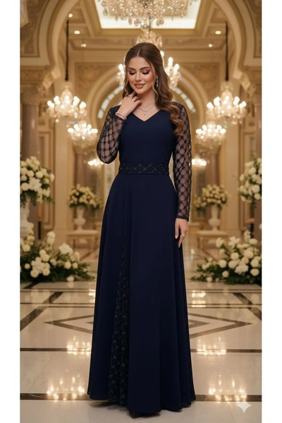 Haifa Fashion Long evening dress with mesh sleeves