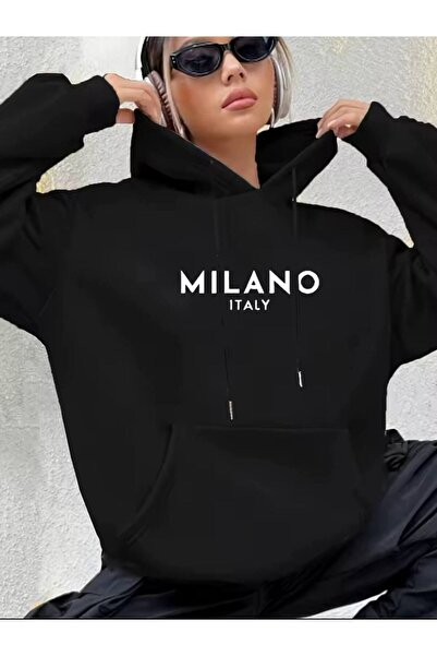 CLASSY.MODA سويت شيرت للجنسين بغطاء رأس مطبوع عليه عبارة 'ميلانو إيطاليا' مطب...