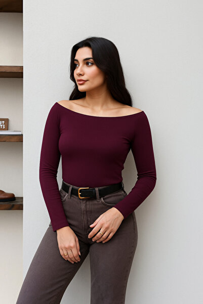 BEGBOR LİNGERİE Women's Purple Boat Neck Long Sleeve Fit Basic Bodysuit