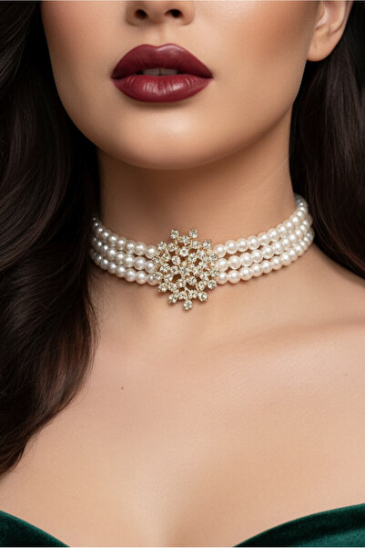 Happyline İncili taşlı gold kaplama inci tasma choker kolye özel tasarım koly...