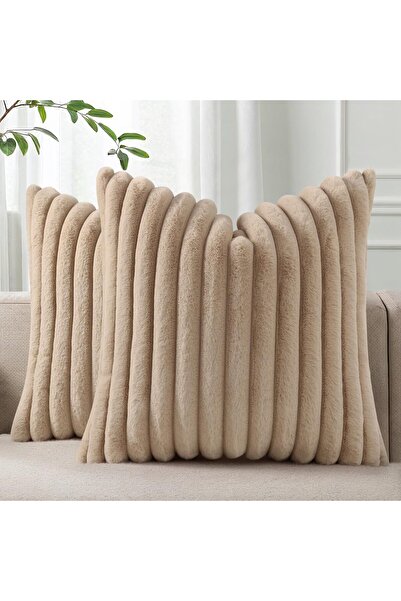 Generic Pallene Faux Fur Plush Throw Pillow Covers 18x18 Set of 2 - Striped Khaki
