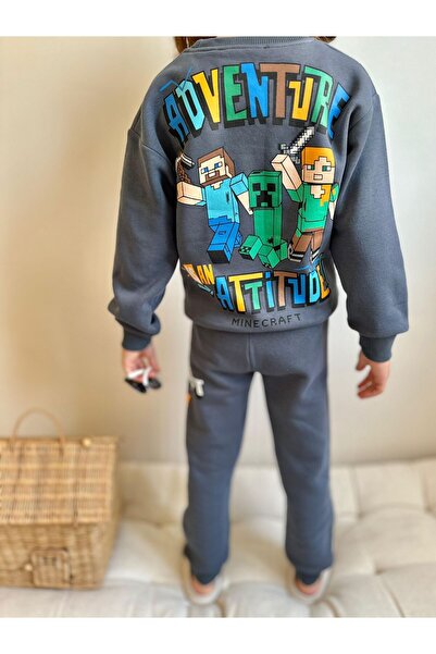 Patriko Boys' Popular Game Character Print Gray Color Inner Fleece New Season Winter Bottom Top Set 3-10 Years