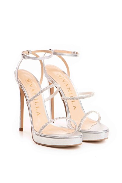 Vanilla Days Silver Elegance Stiletto Sandals with Crystals - 13cm Heel, Genu...
