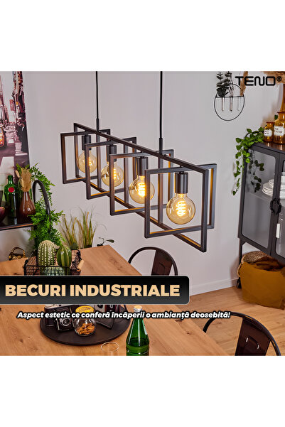 Teno ® Premium Chandelier, 4 panels, modern design, industrial bulbs, high-quality materials, black