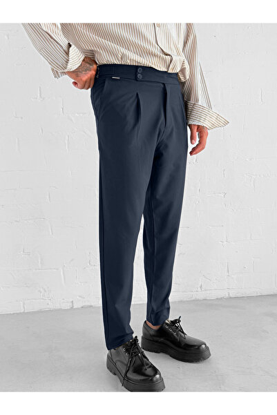 ablukaonline Men's Adjustable Buckle Pleated Fabric Trousers Navy Blue