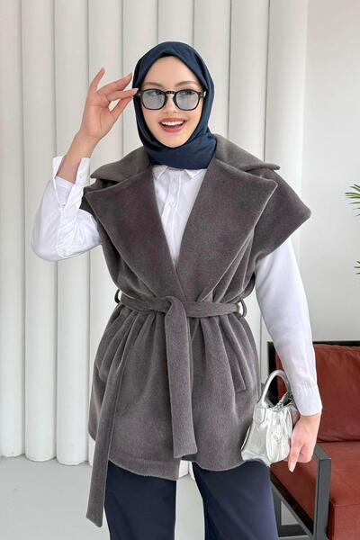 Modaensarbutik Tay Tüylü Seyyar Kuşaklı Astarlı Yelek-FÜME