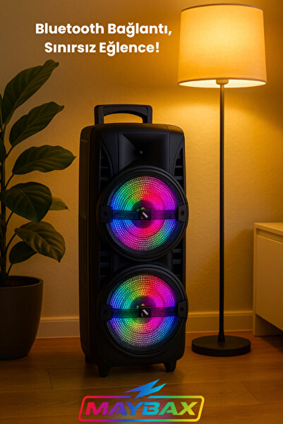 Maybax YÜKSEK BASS ÇİFT HOPARLÖR IŞIKLI MİKROFONLU KUMANDALI BT/TF/USB/FM BLUETOOTH HOPARLÖR