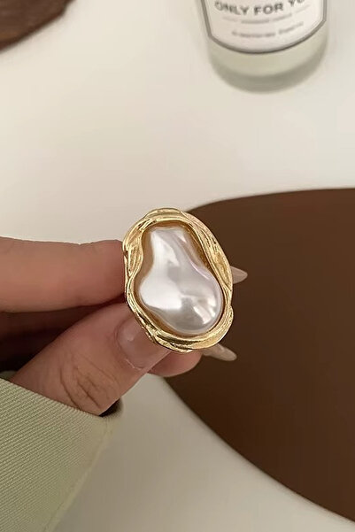 AURRARİ خاتم كبير قابل للتعديل بتصميم اللؤلؤ الذهبي