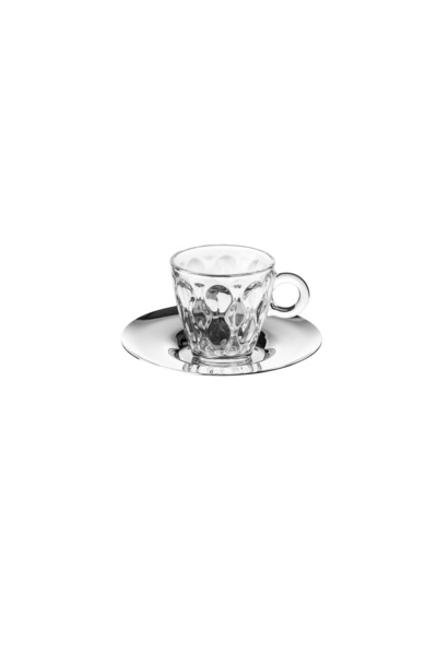 Dania Glass coffee cup set with stainless steel saucers – 6 pieces, with a stylish modern design