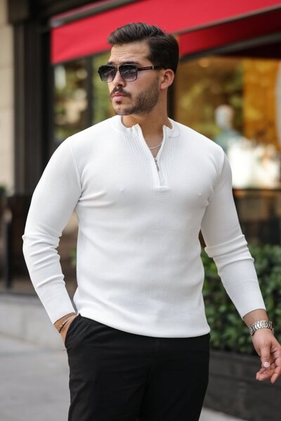 Genel Markalar Erkek Fermuarlı Bisiklet Yaka Dokulu Uzun Kollu Triko