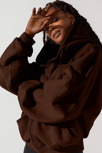 The Champ Clothing Γυναικείο φούτερ καφέ με κουκούλα με κορδόνια – με φερμουάρ 3 κλωστών Ş επένδυση fleece O oversized Αθλητικό στυλ