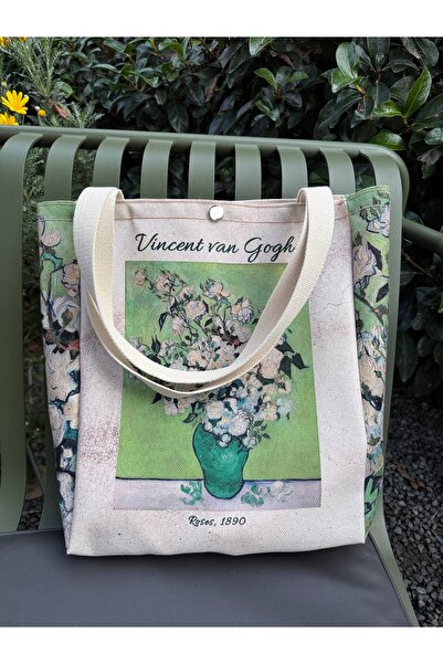 pamukcanta Vincent Van Gogh Canvas Tote Bag Washable with Metal Snap Pocket