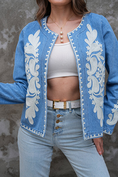 FancyWorld Blue and White Patterned Embroidered Vintage Jeans Denim Jacket