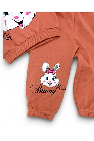 Ege Bebek Baby Girl Seasonal Long Sleeve Cute Rabbit Printed Sweathirt Top and Bottom Set
