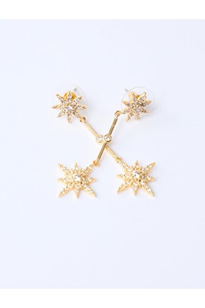Jimmy Key Gold Color Shiny Stone Detailed Star Figured Swinging Earrings