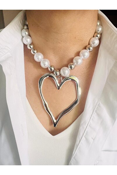 DEVİ fashion Choker Pearl Heart Necklace 44 cm