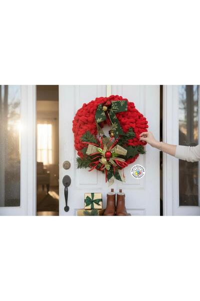 Partini Renklendir Yılbaşı Kırmızı Lüx Kapı Süsü Örme 35 cm