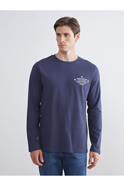 LC Waikiki Tricou pentru bărbați cu mânecă lungă guler rotund bleumarin cu im...