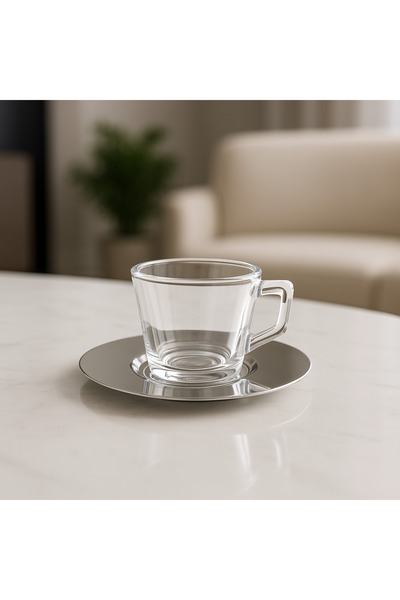 Dania Glass coffee cup set with stainless steel saucers – 6 pieces, with a stylish modern design