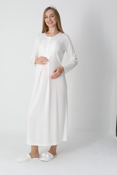 ERDENİZ TEKSTİL Maternity Nightgown Set of 2 with Thick Robe, Long Sleeves, Button Collar