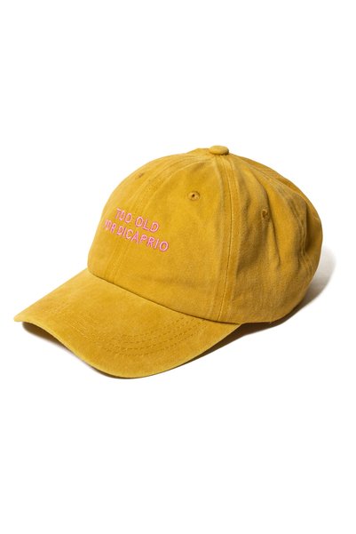 Nome Studio Embroidered Yellow Hat Too Old for Dicaprio Cotton Hat with Washable Fabric and Pink Text Embroidery