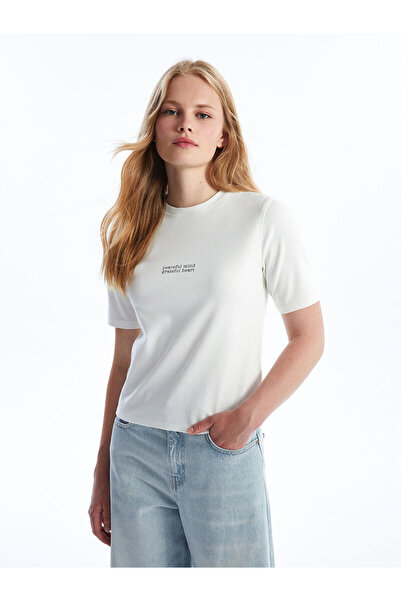 LC Waikiki Дамска тениска LCW - кръгла яка, щампа, къс ръкав