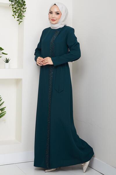 hafsamina Emerald Beaded Ferace with Secret Zipper and Side Tie HM2845
