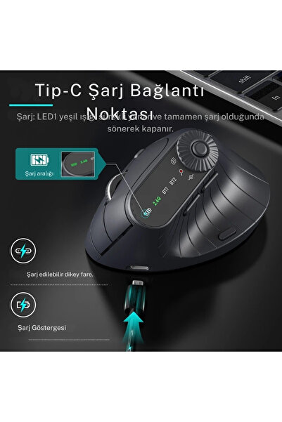 PLTECH Şarj Edilebilir Dikey Ergonomik Bluetooth 2.4GHz Kablosuz Mouse 2400 DPI LED Ekranlı Bilek Yormayan
