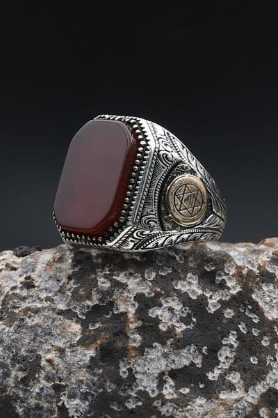Prestige Kırmızı Akik Taşlı Hz. Süleyman Mührü 925 Ayar Gümüş Erkek Yüzük 902364
