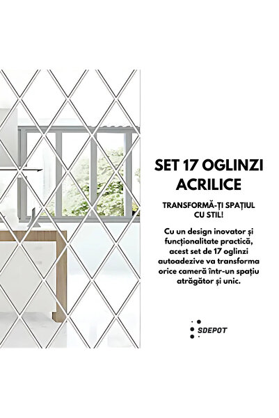 SDEPOT Set de 17 oglinzi acrilice din PVC, SDEPOT, autoadezive pentru decorarea pereților, argintii