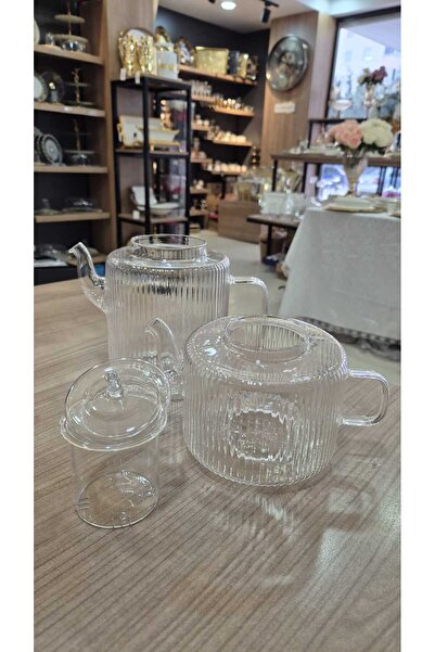 PRT obby Line Luster Çizgili Borosilikat Cam Çaydanlık 1.1L + 1.75L