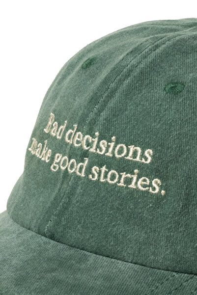 Nome Studio Beige Embroidered Green Hat Vintage Style Khaki Hat with Beige Embroidery Text on Distressed Cotton Fabric