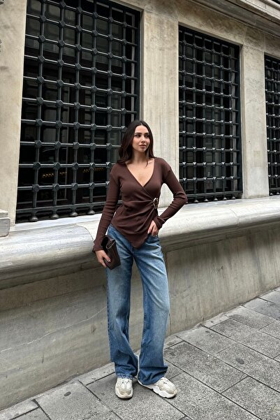 New Now Double-Breasted Long Sleeve Ribbed Knit Bluz with Collar Buckle Detail