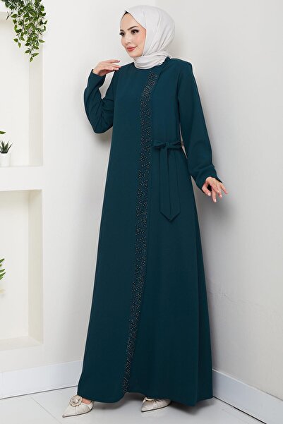 hafsamina Emerald Beaded Ferace with Secret Zipper and Side Tie HM2845