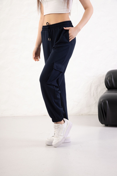 YusGos Women's Soft Textured Modal Fabric Pocket Detailed Elastic Leg Cargo Pants