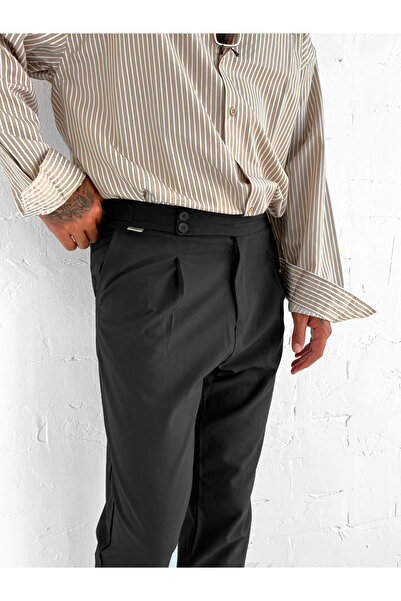 ablukaonline Men's Adjustable Buckle Pleated Fabric Trousers Black